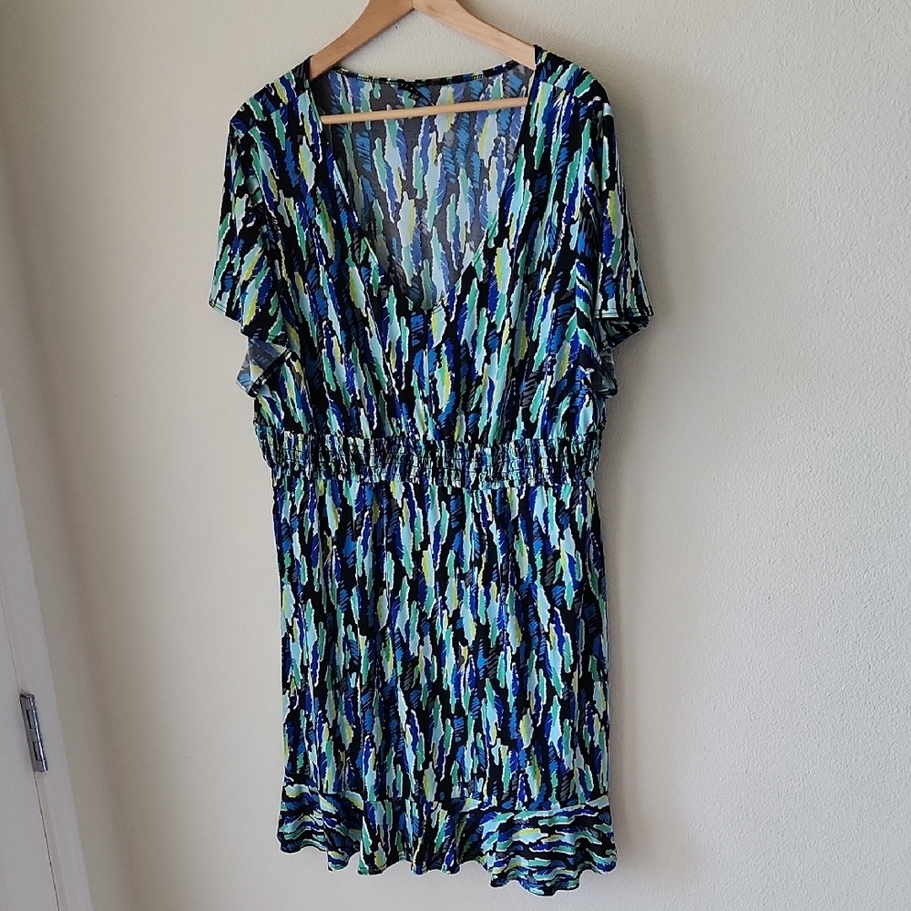 Tiana B. Fit and Flare Mini Dress Blue and Green Pattern Short Sleeve  Sz 2X